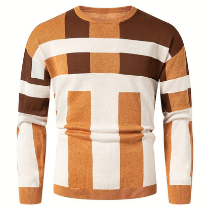 Men's Round Neck Casual Striped Warm Sweater Fashion Knit Pullover Top