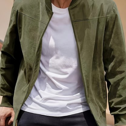 Men's Casual Retro-Inspired Lightweight Zip-Up Jacket - Solid Color, Machine Washable with Baseball Collar