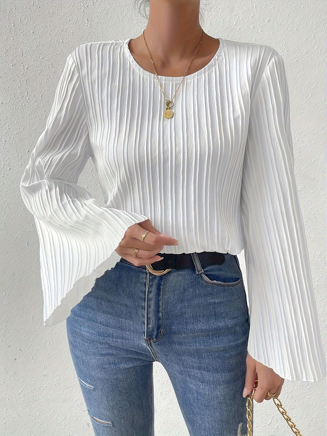 Women's Trendy Bell Sleeve Ribbed Blouse - White Crew Neck, Flared Sleeves, Casual Spring/Summer Top, Breathable Polyester Blend, Perfect for Casual Attire, Versatile Fashion | Ribbed Texture Shirt | Stretchable Fabric