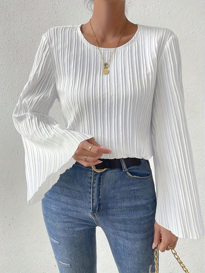 Women's Trendy Bell Sleeve Ribbed Blouse - White Crew Neck, Flared Sleeves, Casual Spring/Summer Top, Breathable Polyester Blend, Perfect for Casual Attire, Versatile Fashion | Ribbed Texture Shirt | Stretchable Fabric