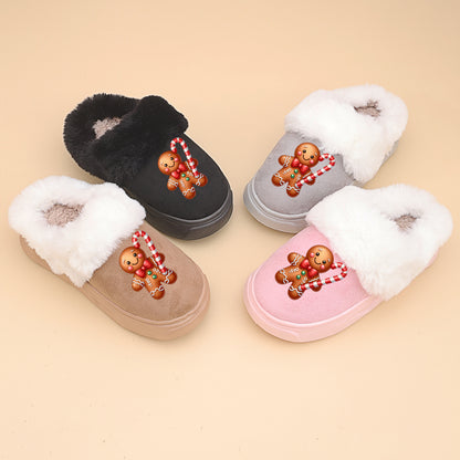 ' Winter Warm Plush Slippers with Gingerbread for Man & Candy Cane Strap - Soft Sole Low-Top Indoor/Outdoor House Shoes for &, Pink//Beige (Unisex Snowflake Booties), for Teenager