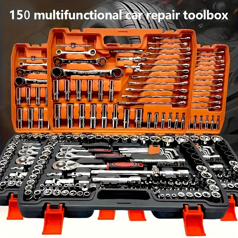 151/46pcs Automotive And Motorcycle Repair Tool Kit - Made of Durable Chrome Vanadium Steel, Includes Ratchet Wrenches And Screwdrivers.