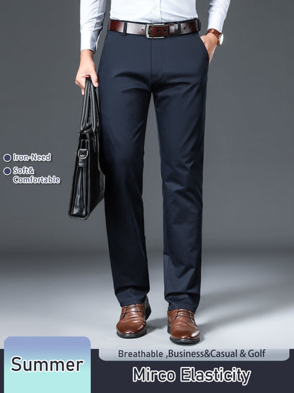 Men's Solid Color Straight Leg Business Style Cotton Blend Pants, Casual Comfy Breathable Outdoor Trousers As Gift