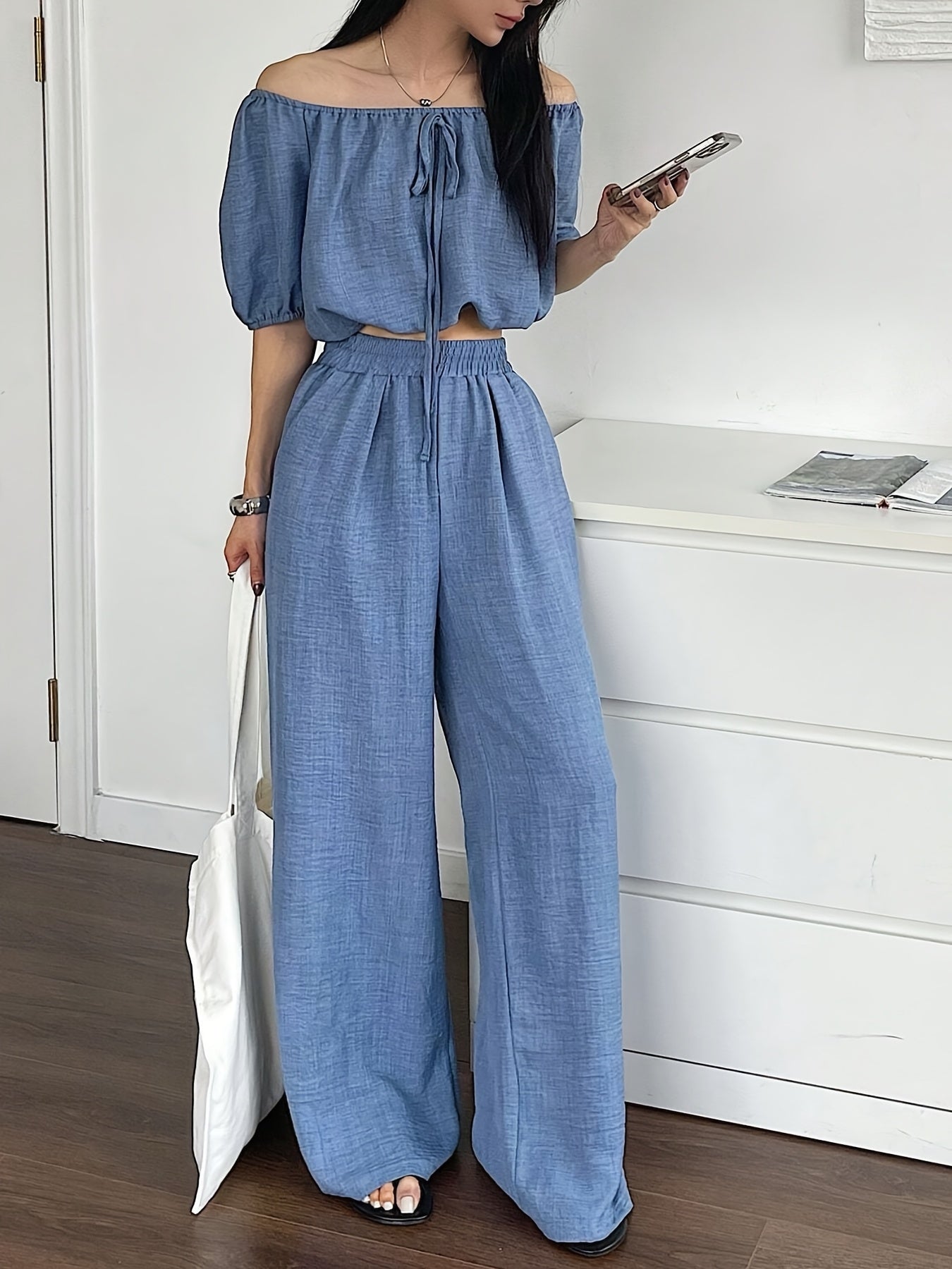 Women's Summer Solid Color Off-Shoulder Puff Sleeve Crop Top and Loose Wide-Leg Pants Two-Piece Set - ayq