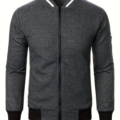 Men's Casual Full Zip Bomber Jacket, Warm Comfy Blouson Jacket For Autumn And Winter Outdoor Activity