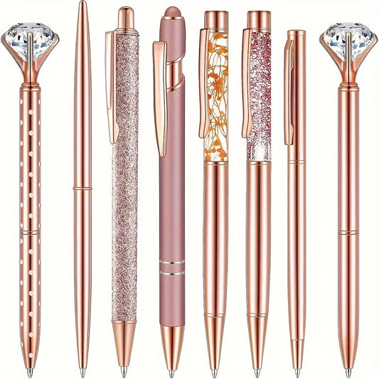 8pcs, 8pcs Rose Golden Metal Pen Set - Fashionable Metal Pens with Crystal Color Decoration - Perfect for Students, Office, Gifts and Weddings