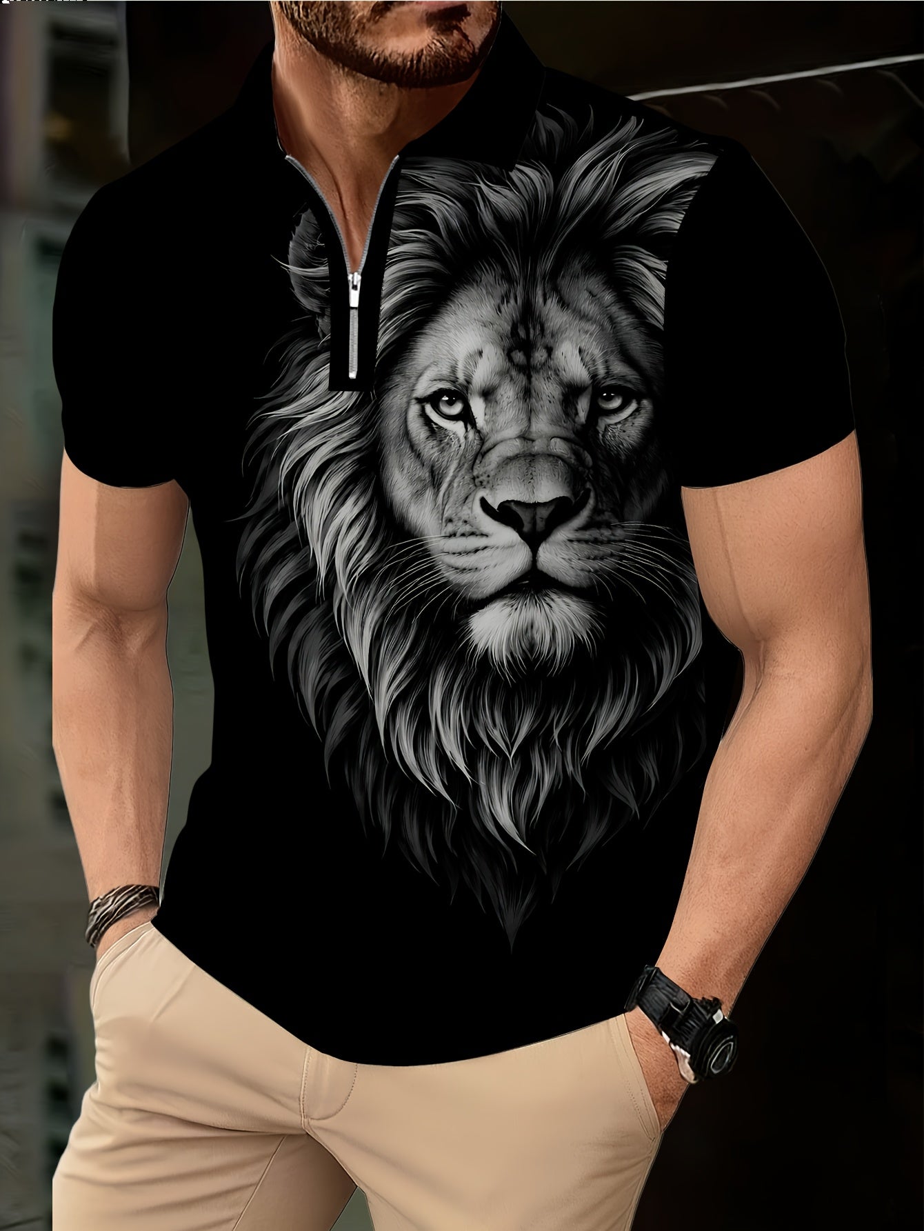 Men's Zip Shirt Short Sleeve Summer Trendy Lion Print Collar T-Shirt Business Casual Slim Fit Men's Top Women's Clothing - ayq