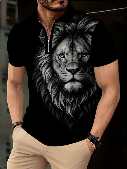 Men's Zip Shirt Short Sleeve Summer Trendy Lion Print Collar T-Shirt Business Casual Slim Fit Men's Top Women's Clothing - ayq