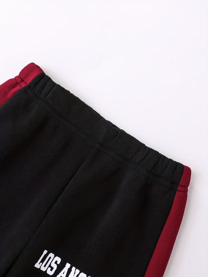 2pcs Boys' Autumn/Winter Fleece-Lined Hooded Sweatshirt and Pants Set, Simple Letter Print Fashion Classic Outfit for Outdoor Sports and Casual Wear, 100% Polyester Knit Stretch Fabric, Ideal Gift Choice for Kids, Perfect for