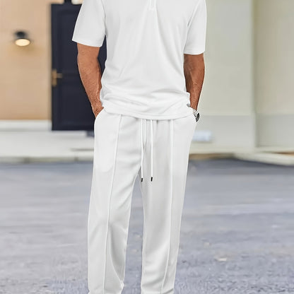 Men's 2pcs Waffle Knit Casual Outfit: Zip-Up Short Sleeve Collared Shirt & Drawstring Pants - Black, Polyester Blend, Ideal for Casual Attire in Spring/Summer