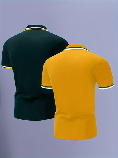 2 հատ տղամարդու կարճաթև վերնաշապիկներ կոնտրաստ օձիքներով - թեթև պոլիեսթեր, պաստել կապույտ և վարդագույն, շրջադարձային օձիքով, կոճակներով փակվող, սովորական, ամենօրյա և գործնական հագուստ, իդեալական ամառային կամ նվերների համար, կարճ թև վերնաշապիկներ