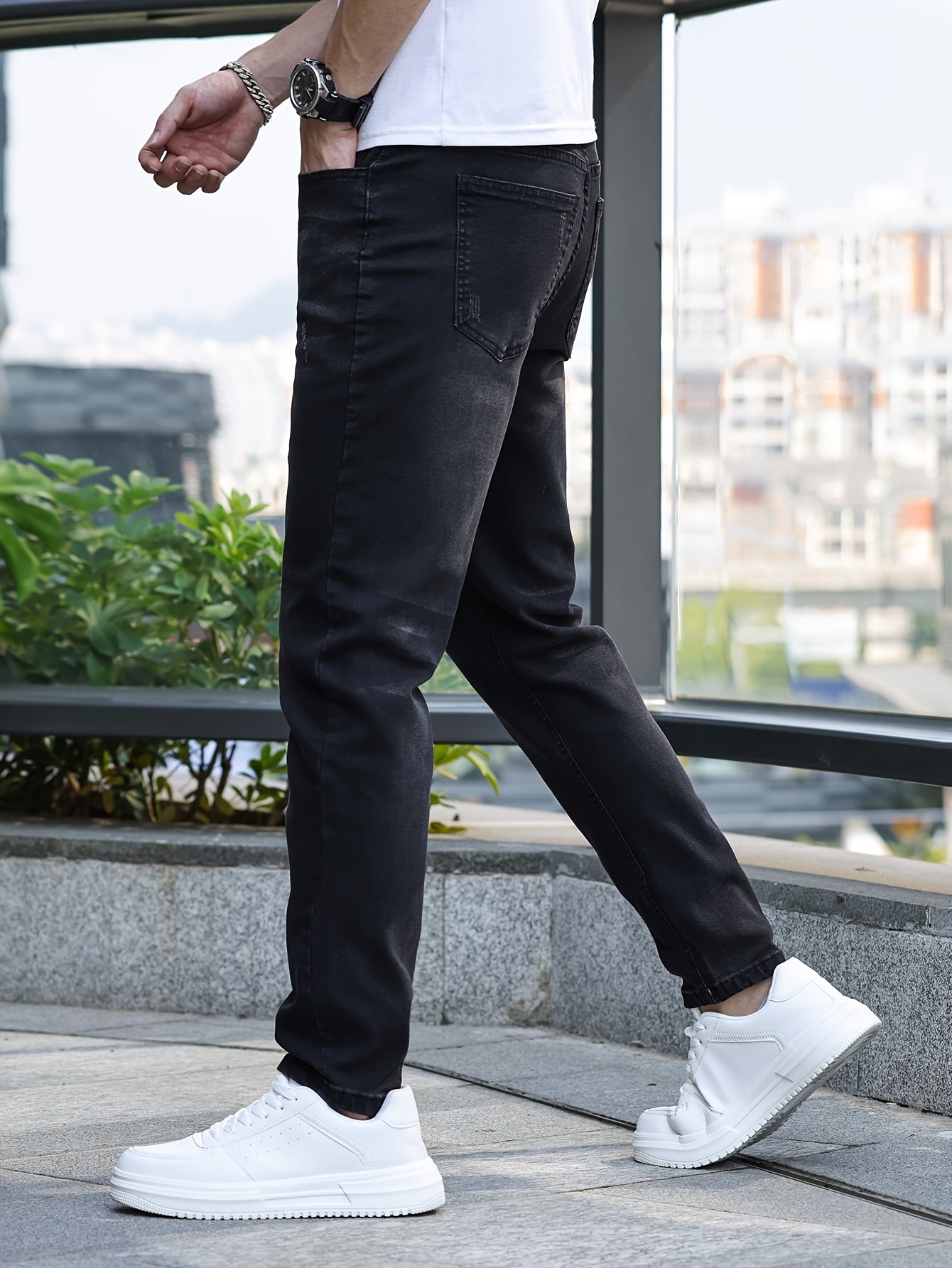 Men's Slim-Fit Stretch Denim Jeans - Casual Street Style, Mid-Rise, Light Blue, Comfortable & Versatile for All Seasons