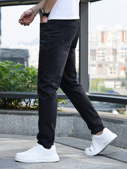 Men's Slim-Fit Stretch Denim Jeans - Casual Street Style, Mid-Rise, Light Blue, Comfortable & Versatile for All Seasons