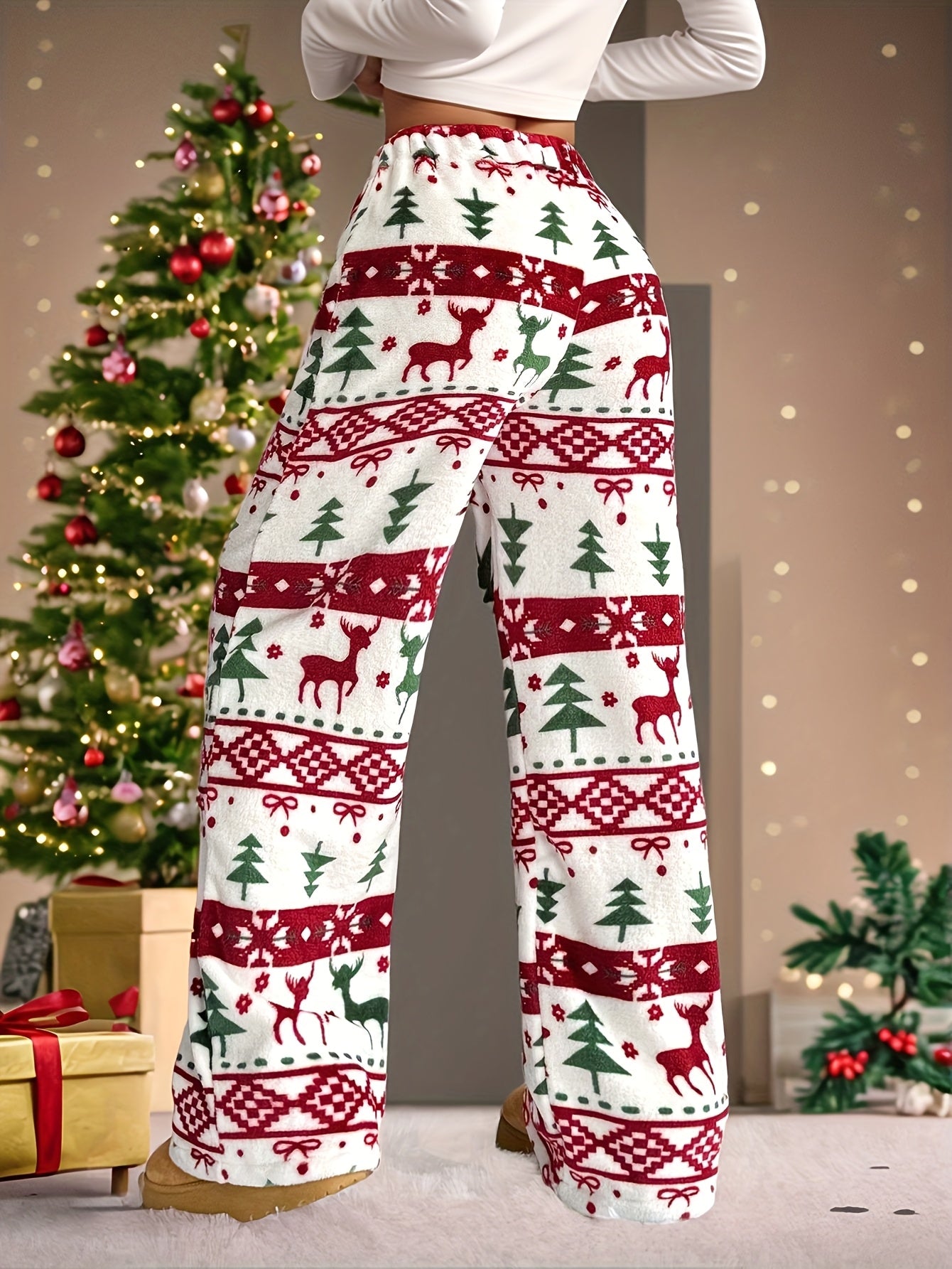 Women's Elegant Red & White Christmas Snowflake Reindeer Plaid Winter Trousers - Straight-Leg Warm Pants with Elastic Waist (No Buttons/Zippers), Machine Washable for Holiday Parties, New Year's & Casual Outfits (Festive Styl