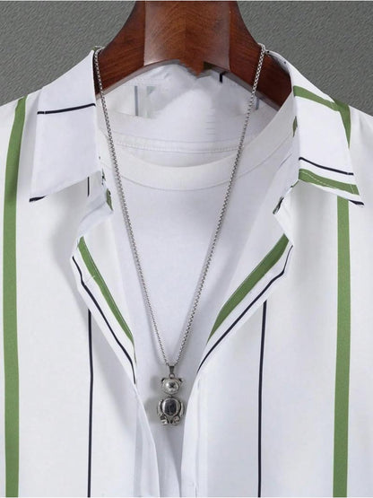 Men's Casual Summer Set - Striped Short-Sleeve Shirt & Shorts