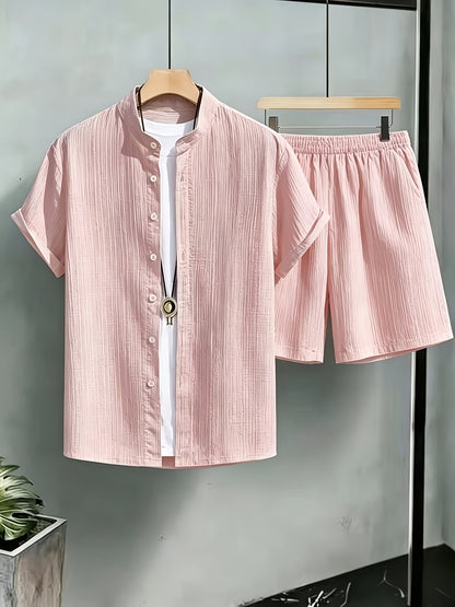 Men's Casual Summer 2-Piece Set: Stand Collar Shirt & Shorts