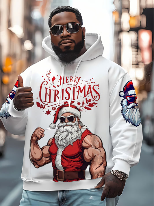 Men'S Muscle Santa Claus Hoodie - Funny Christmas Sweatshirt with Front & Back Print, Large Size Big & Tall Pullover, Gym & Party Outfit - Muscle Santa Graphic Hooded Sweatshirt for Men, Holiday Casual Wear, Playful Holiday D