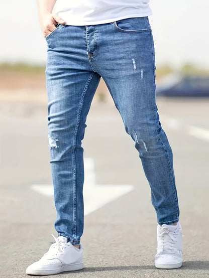 Men's Slim Fit Stretch Jeans - High Waist, Solid Color Casual Denim Pants with Ripped Detail, Machine Washable