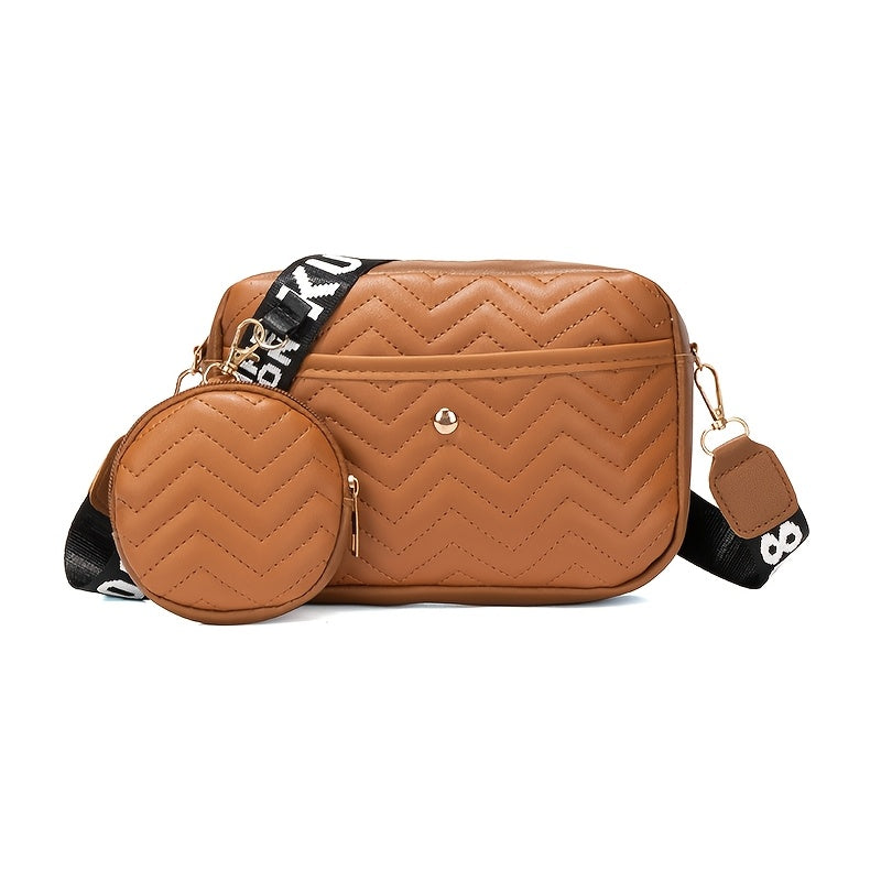 New Quilted Shoulder Bag, Casual Zipper Crossbody Bag, V-Pattern Two Piece Small Square Bag, Shoulder Bag with Zero Wallet, Letter Shoulder Strap, Coin Wallet, Card Bag, Phone Bag, Camera Bag, Lipstick Bag, Key Bag(8.66*5.12*