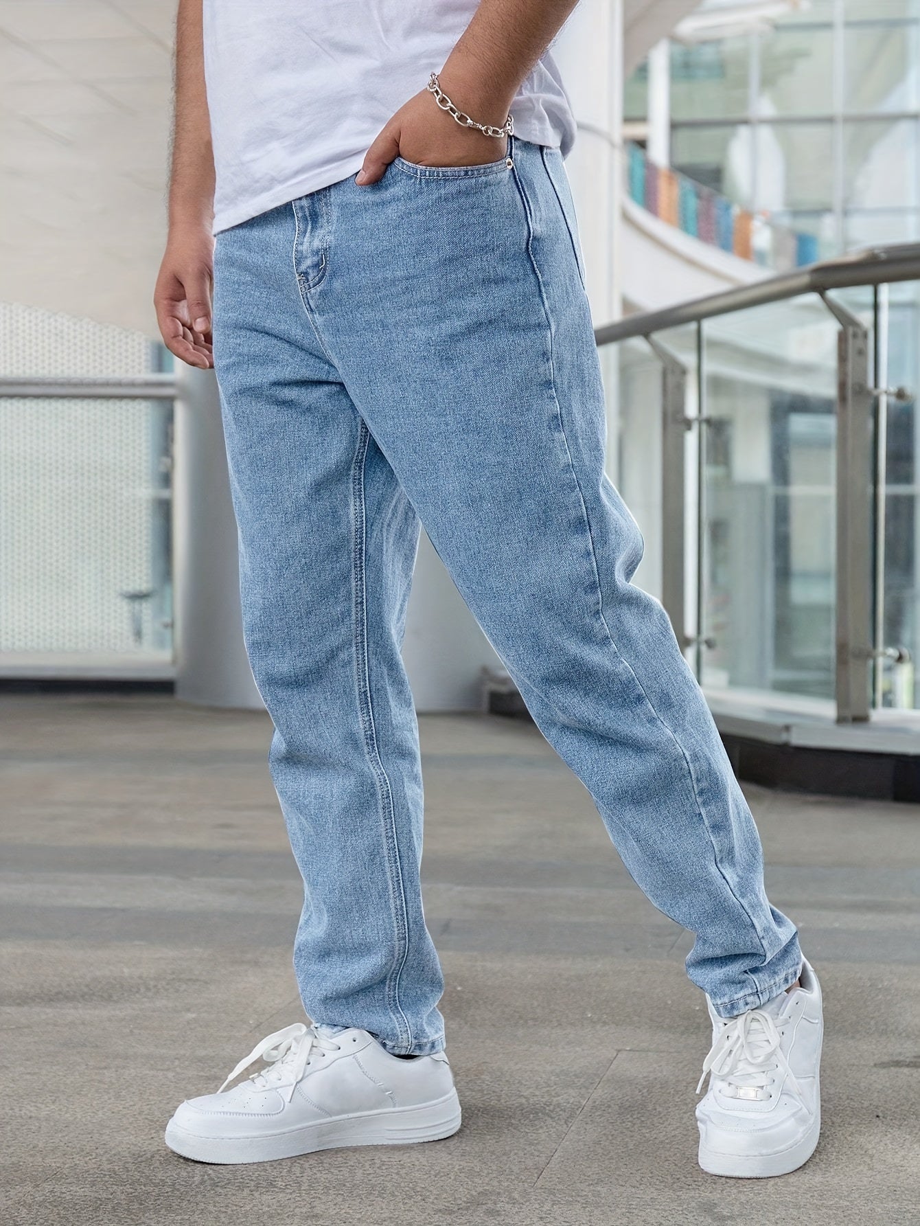 Men's Classic Straight-Leg Denim Jeans - Casual Style, Non-Stretch, Machine Washable, Solid Light Blue, Cotton/Polyester Blend, All-Season Wear, Comfortable Clothing|Timeless Style|Nonstretch Jeans