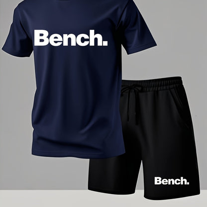 Summer Men'S Casual Sports Short Sleeve T-Shirt and Shorts Set, Knitted Polyester Fabric, Comfortable Breathable, Bench. Letter Print Design - 2pcs