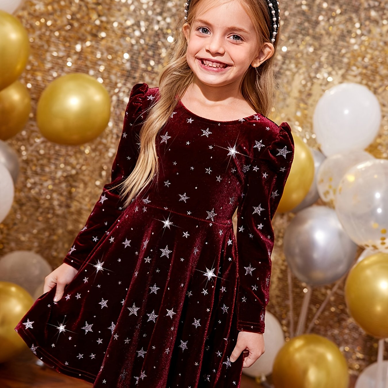 Girls' Long Sleeve Party dress - Elegant Burgundy Formal & Everyday Winter Outfit with Back Bow, Soft Velvet-like Fabric for Birthday, Christmas, School - Girls' Clothing Gift for Fall/Winter Seasons, Festive Occasions, Styli