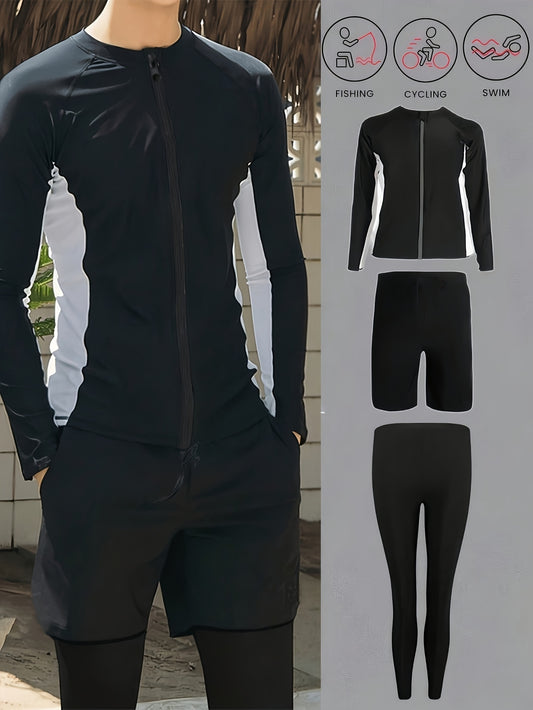 Men’s Black & White Athletic Swimwear Set with Zip-Up Top & Pockets - ayq