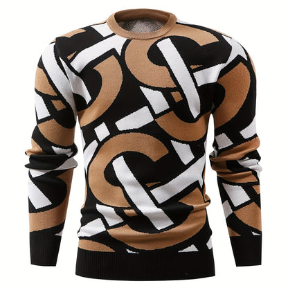 Temujin OBM Men's Fashion New Jacquard Color-Block Knit Long Sleeve Pullover Sweater