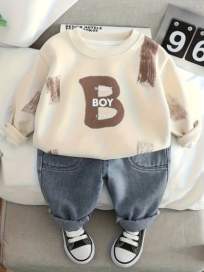 Boys' Casual Cotton Blend Sweatshirt & Denim Pants Set for Spring/Fall