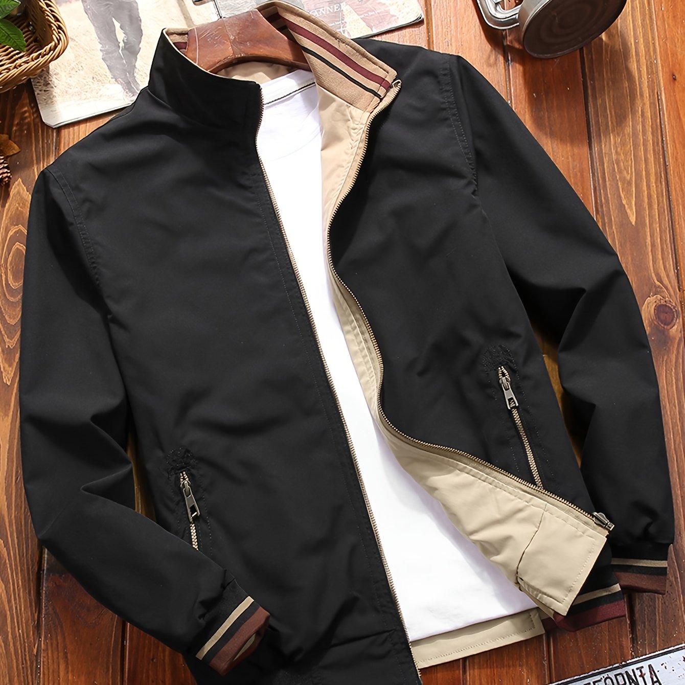 Men'S Stylish Beige Bomber Jacket with Red & Blue Trim - Double-Sided, Metal Zipper, Casual & Formal Wear, Perfect Gift for Husband or Boyfriend, Casual Outerwear | Doubleside Jacket | Polyester Lining