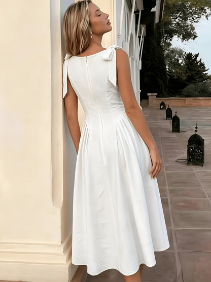 Elegant Women's Retro Fit and Flare Midi Dress with Bow Straps