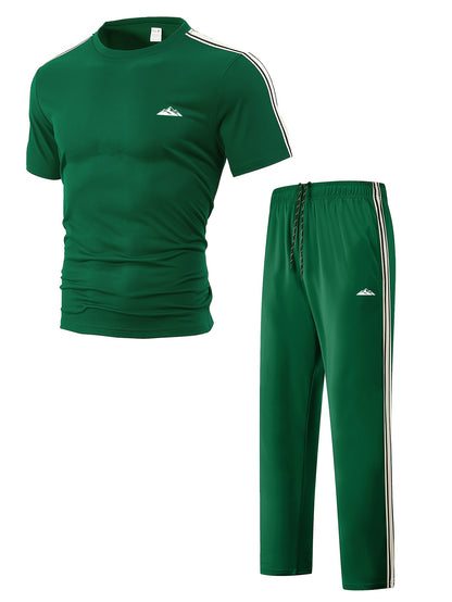 Men's Summer Quick-Dry Tracksuit Set with Striped Tee & Sweatpants