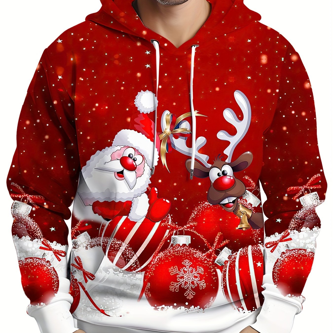 Men's 3D Santa & Rudolph Christmas Hooded Sweatshirt - Red/Green Festive Pullover Hoodie with Reindeer Antlers, Soft Polyester Knit Sweater for Holiday Parties, Winter Outfits & Casual Wear (Machine Washable), PLUS SIZE