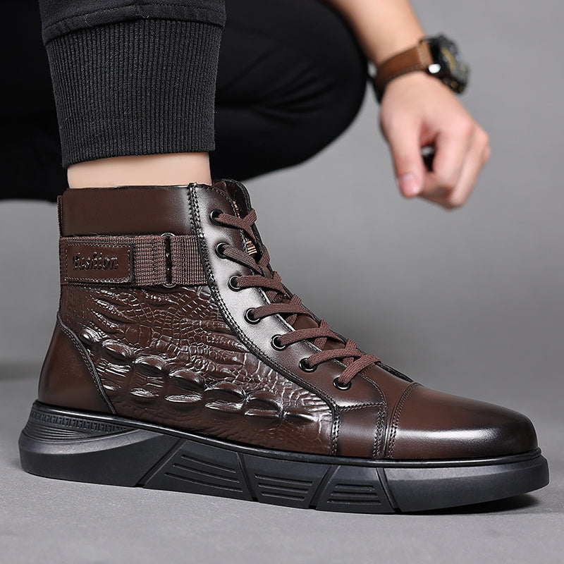 Men'S Versatile High-Top Boots, Featuring a Simple Lace-Up Design And Work Boot Style, with Slip-Resistant, Durable Thick Soles And Crocodile Texture Details, Suitable for Outdoor Travel And Daily Office Wear, Ideal for Use D