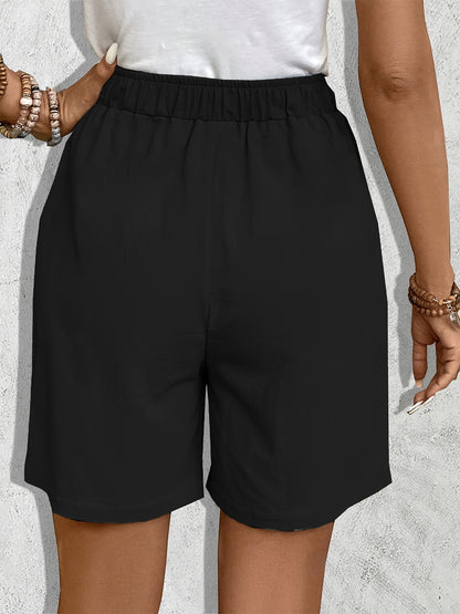Women'S Casual Blend Shorts, Solid Color, Regular Fit, Non-Stretch Woven Fabric, with Faux Drawstring Detail, for Spring/Summer/Fall - Daily & Vacation Style