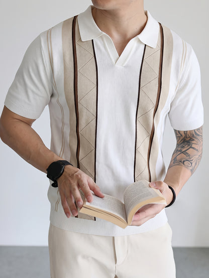 Men's Breathable Knit Short Sleeve Shirt with Stripe Color Block