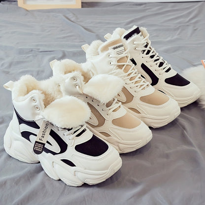 Women's Plush Fleece-Lined High-Top Sneakers - Thick-Soled Winter Warm Lace-Up Shoes with PU Upper & Cushioned PVC Sole, White/Black/Grey Chunky Dad Shoes (Cozy Round Toe) - Instagram Trendy Winter Footwear by I Trend