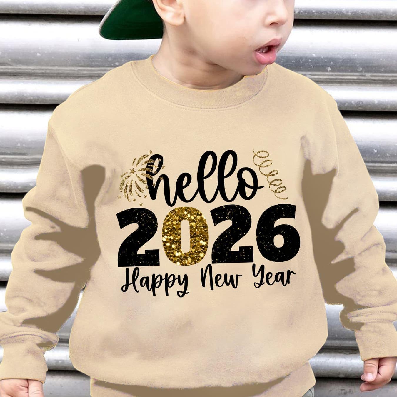 Տղաների 2026 թվականի Նոր տարվա երեկույթի սվիտեր - Բարև 2026 Շնորհավոր Նոր Տարի հրավառության տպագրությամբ, ազատ չափի երկար թևքով սվիտեր ոսկեգույն փայլուն գրությամբ, ձմեռային տաքություն տղաների համար, Նոր տարվա սվիտեր, տոնական հագուստ, խաղալիք