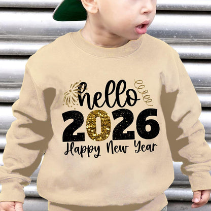 Տղաների 2026 թվականի Նոր տարվա երեկույթի սվիտեր - Բարև 2026 Շնորհավոր Նոր Տարի հրավառության տպագրությամբ, ազատ չափի երկար թևքով սվիտեր ոսկեգույն փայլուն գրությամբ, ձմեռային տաքություն տղաների համար, Նոր տարվա սվիտեր, տոնական հագուստ, խաղալիք