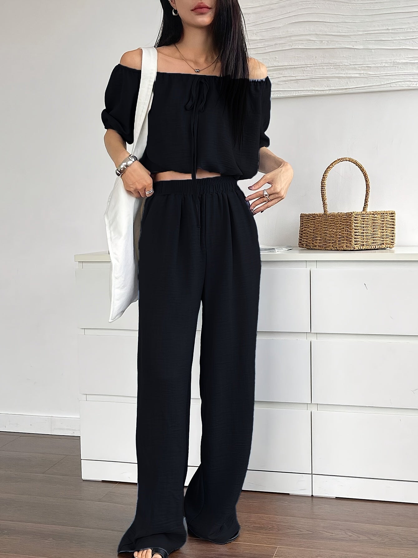 Women's Summer Solid Color Off-Shoulder Puff Sleeve Crop Top and Loose Wide-Leg Pants Two-Piece Set - ayq