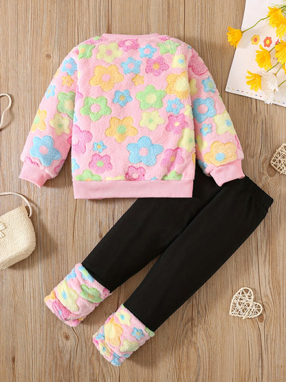 Աղջիկների աշնանային և ձմեռային նորաձև տաք հավաքածու «Ժպիտ» ասեղնագործությամբ, գունագեղ ծաղկային ապլիկացիայով բրդյա բաճկոնով և լայնածավալ տաբատով, իդեալական է բացօթյա օգտագործման համար