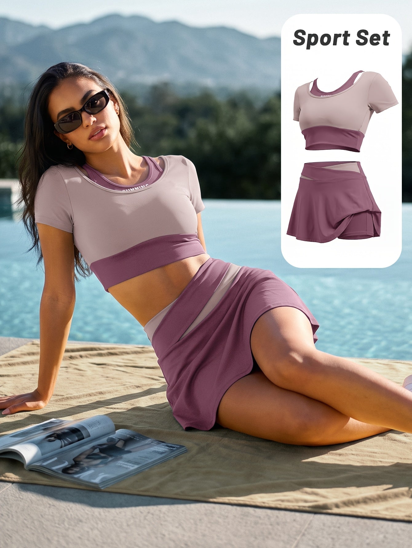 Women's Summer Colorblock Sports Set with Built-in Bra & Skirt