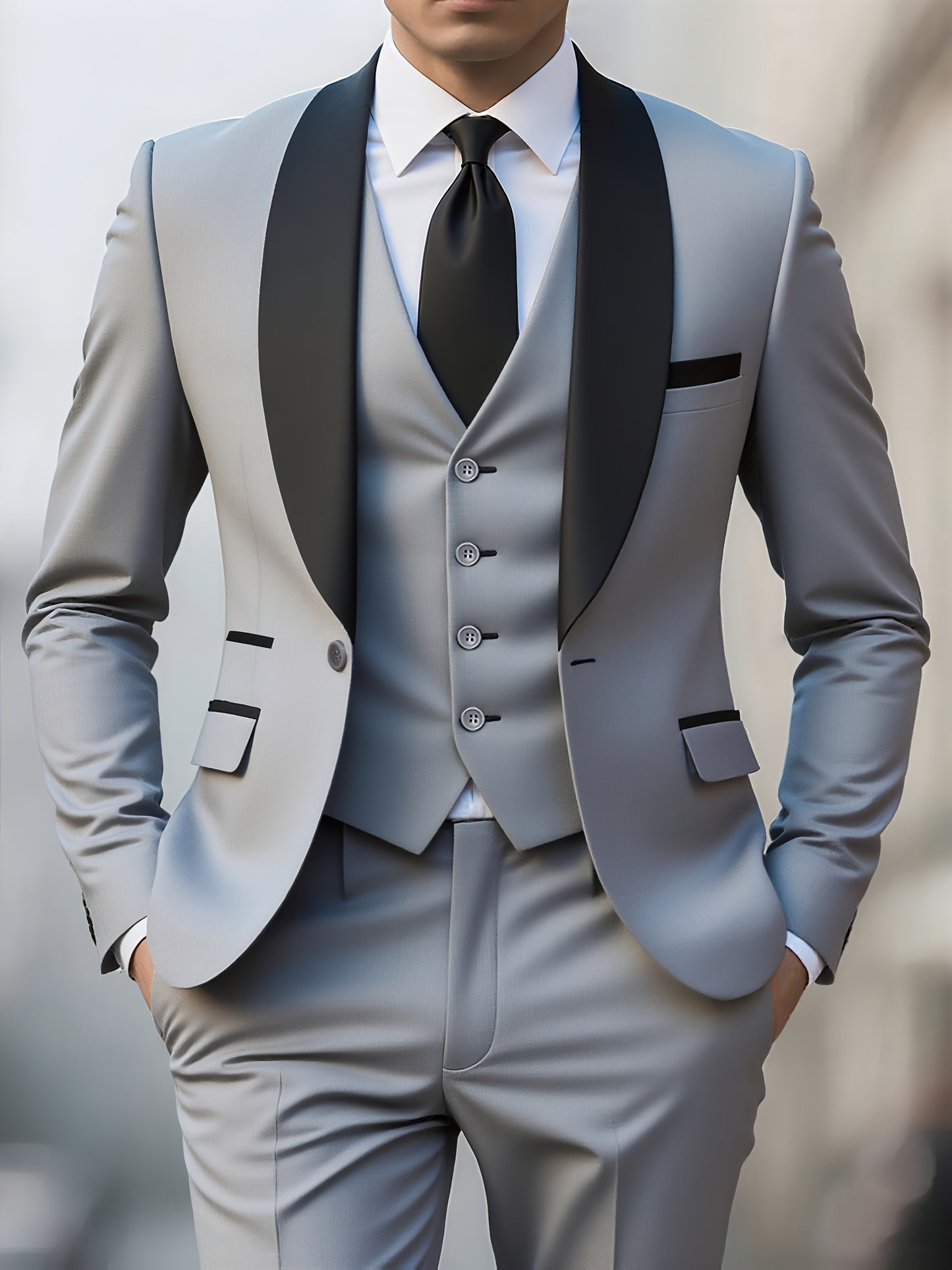 Men's 3-Piece Polyester Suit with Vest and Pants, Formal Workwear
