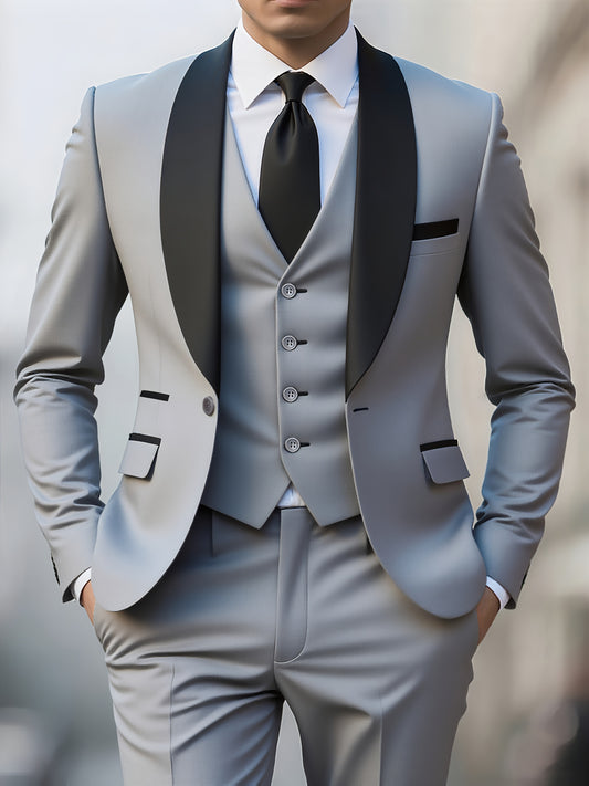 Men's 3-Piece Polyester Suit with Vest and Pants, Formal Workwear - ayq