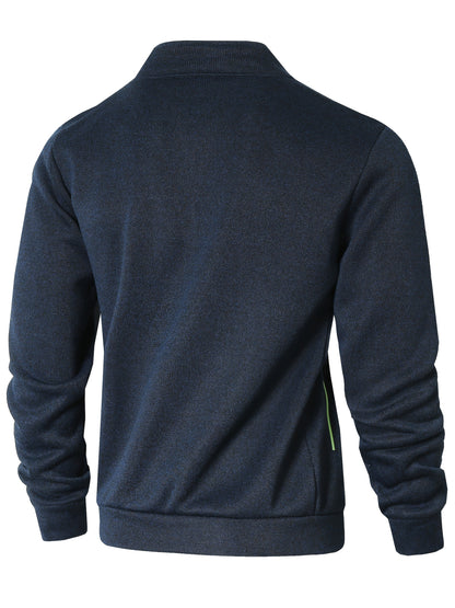 Men's Sporty Full-Zip Stand Collar Sweatshirt - Long Sleeve Casual Pullover with Neon Green Accents, Solid Color Non-Stretch Fabric, Regular Fit for Fall Winter