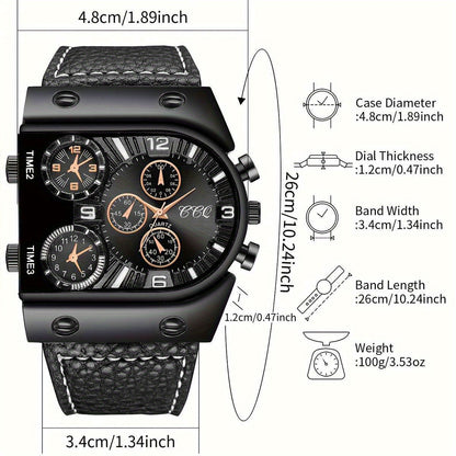 Men's Fashion Digital Dial Large Face Business Trend Quartz Watch + Bracelet Set, 4pcs Set (Watch Box Not Included)