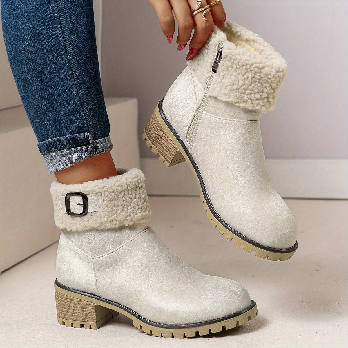 Chunky And Clssic Women'S Ankle Boots, Comfortable And Elegent Woemen Shoes. Warmth Khaki、Black And Beige Winter Women' Boots. Solid-Colored. Fleece-Lined Boots, Heighten And Non-Slip Lighhtweight Shoes with Cute Round Toe.