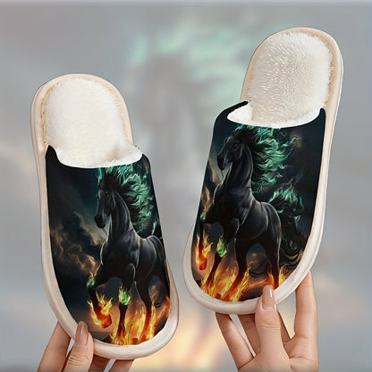 Men'S & Women'S Plush Slip-On Slippers - Winter Warmth with Horse & Flame Design, Soft Plush Lining & EVA Sole, Indoor House Shoes for Home, Office