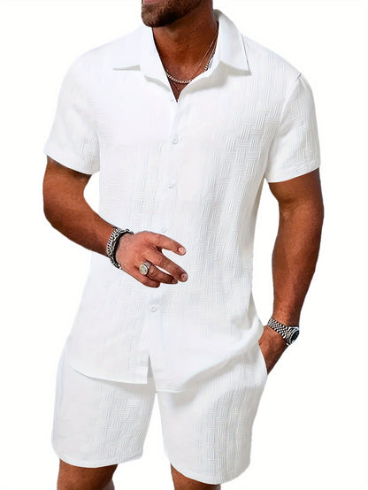 Men's Outfit, Checkered Print Lapel Short Sleeve Button Up Shirt & Shorts 2pcs co ord set for Outdoor Activities