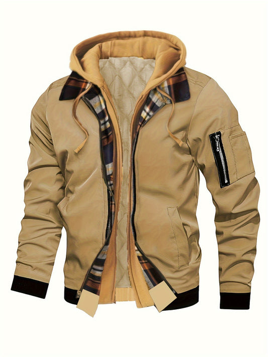 Men'S Warm Fleece-Lined Hooded Jacket with Plaid Details - Casual Winter Coat for Outdoor Activities, Zip-Up, Regular Fit, Polyester Lined, Functional Pockets, Windproof & Warm, Functional Winter Jacket | Stylish Men'S Jacket